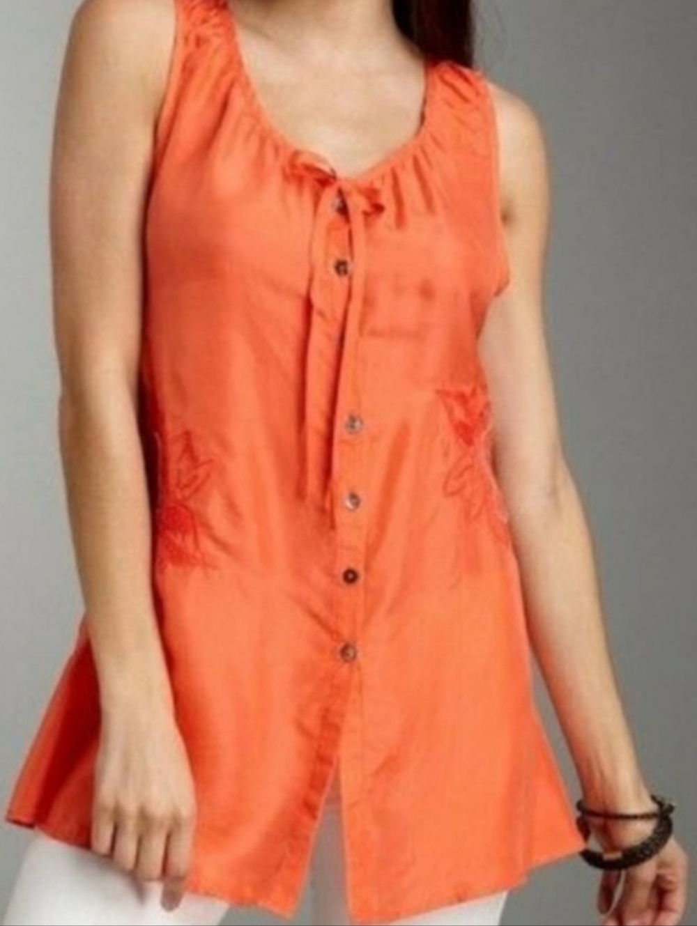 Da-Nang Floral Embroidered Silk Sleeveless Button up Top Orange XS